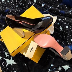 Fendi Black Patent Leather Block Heel Pumps with Pink Sole